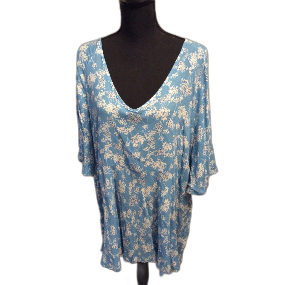 Cynthia Rowley Viscose Blue Floral Flutter Sleeves V Neck Plus Size 1X top Soft
